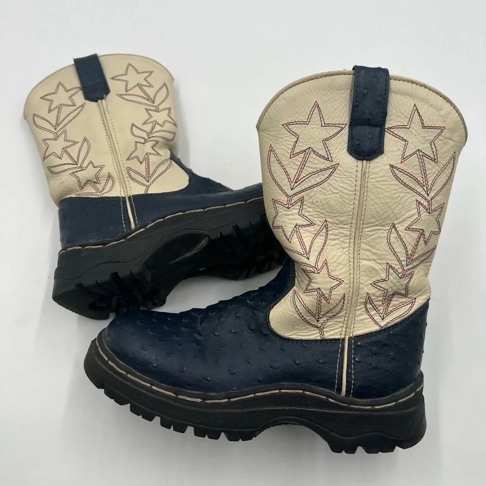 Cimarron Footwear Kids Western Cowboy Boots Navy‎ Ostrich Star Embroidery 3.5Y